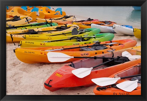 Framed Bahamas, Eleuthera, Princess Cays, beach kayaks Print