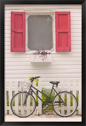 Framed Beach House and Bicycle, Loyalist Cays, Bahamas, Caribbean Print