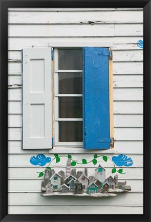 Framed Beach House Blue shutters, Loyalist Cays, Bahamas, Caribbean Print