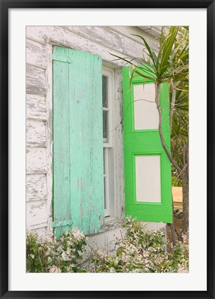 Framed Beach House Green shutters, Loyalist Cays, Bahamas, Caribbean Print