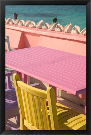 Framed Colorful Cafe Chairs at Compass Point Resort, Gambier, Bahamas, Caribbean Print