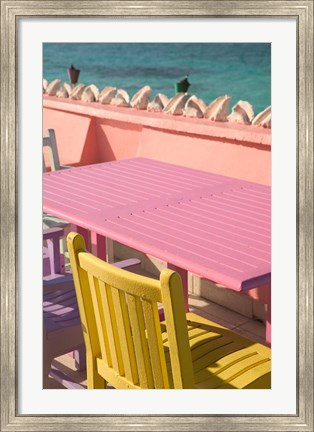 Framed Colorful Cafe Chairs at Compass Point Resort, Gambier, Bahamas, Caribbean Print