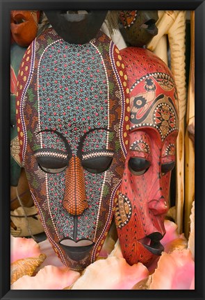 Framed Masks and Conch Shells at Straw Market, Nassau, Bahamas, Caribbean Print