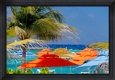 Framed Umbrellas and Shade at Castaway Cay, Bahamas, Caribbean Print