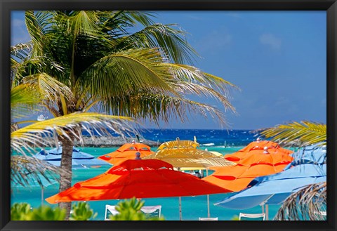 Framed Umbrellas and Shade at Castaway Cay, Bahamas, Caribbean Print