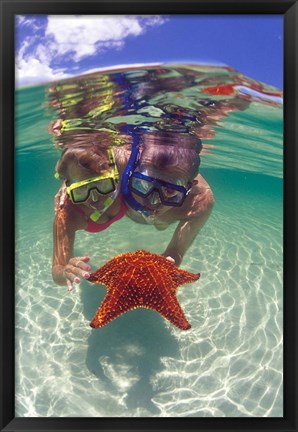 Framed Snorkeling in the Blue Waters of the Bahamas Print