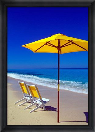 Framed Yellow Chairs and Umbrella on Pristine Beach, Caribbean Print