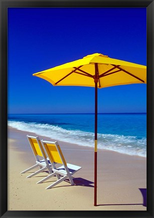 Framed Yellow Chairs and Umbrella on Pristine Beach, Caribbean Print