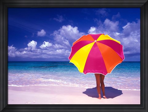 Framed Female Holding a Colorful Beach Umbrella on Harbour Island, Bahamas Print