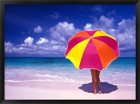 Framed Female Holding a Colorful Beach Umbrella on Harbour Island, Bahamas Print