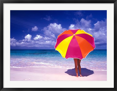 Framed Female Holding a Colorful Beach Umbrella on Harbour Island, Bahamas Print