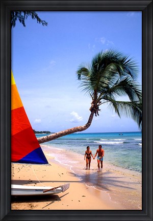 Framed Couple on Beach with Sailboat and Palm Tree, Barbados Print