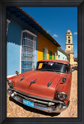 Framed Old Classic Chevy on cobblestone street of Trinidad, Cuba Print