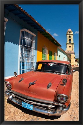 Framed Old Classic Chevy on cobblestone street of Trinidad, Cuba Print