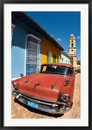 Framed Old Classic Chevy on cobblestone street of Trinidad, Cuba Print