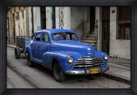 Framed 1950&#39;s era blue car, Havana Cuba Print