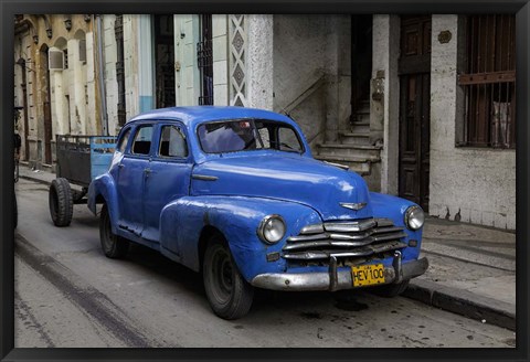 Framed 1950&#39;s era blue car, Havana Cuba Print