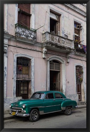 Framed 1950&#39;s era green car, Havana Cuba Print