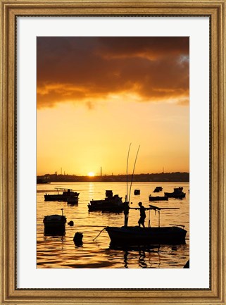 Framed Boats silhouetted at sunrise, Havana Harbor, Cuba Print