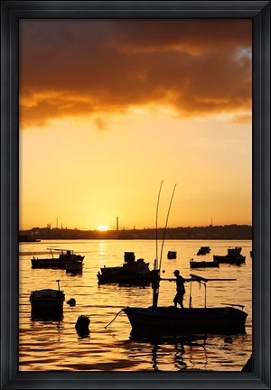 Framed Boats silhouetted at sunrise, Havana Harbor, Cuba Print