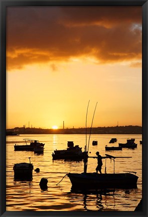 Framed Boats silhouetted at sunrise, Havana Harbor, Cuba Print