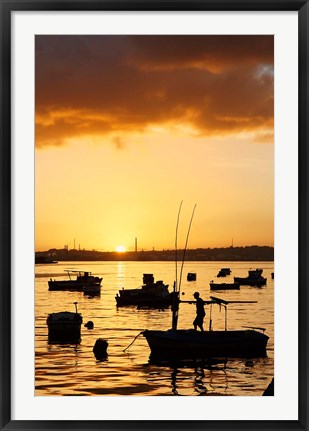 Framed Boats silhouetted at sunrise, Havana Harbor, Cuba Print