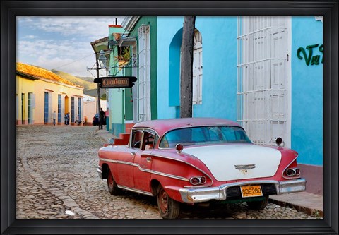 Framed Colorful buildings and 1958 Chevrolet Biscayne, Trinidad, Cuba Print