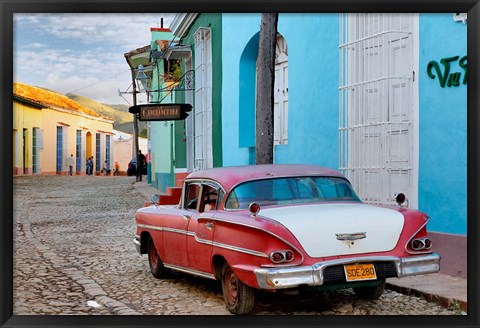 Framed Colorful buildings and 1958 Chevrolet Biscayne, Trinidad, Cuba Print