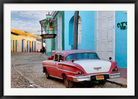 Framed Colorful buildings and 1958 Chevrolet Biscayne, Trinidad, Cuba Print