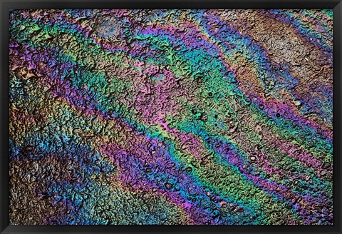 Framed Motor oil creating rainbow pattern on pavement, Havana, Cuba Print