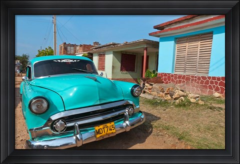 Framed Trinidad, Cuba, blue classic 1950s Chevrolet car Print