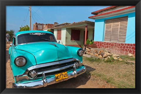 Framed Trinidad, Cuba, blue classic 1950s Chevrolet car Print