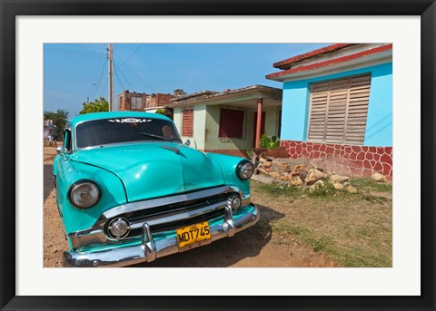 Framed Trinidad, Cuba, blue classic 1950s Chevrolet car Print