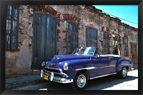 Framed Classic 1953 Chevy against worn stone wall, Cojimar, Havana, Cuba Print