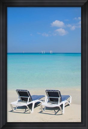 Framed Sand and beach chairs await tourists, Varadero, Cuba Print