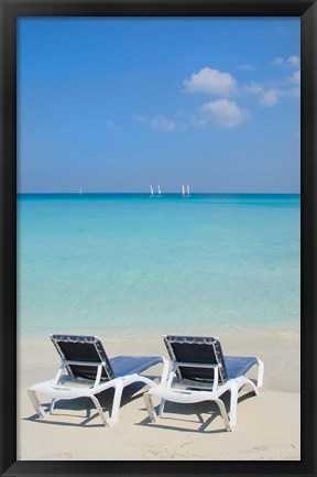 Framed Sand and beach chairs await tourists, Varadero, Cuba Print