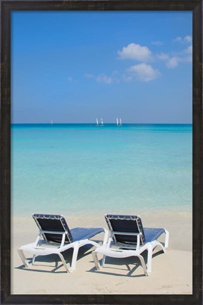 Framed Sand and beach chairs await tourists, Varadero, Cuba Print