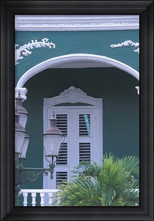 Framed Green Building and Detail, Willemstad, Curacao, Caribbean Print