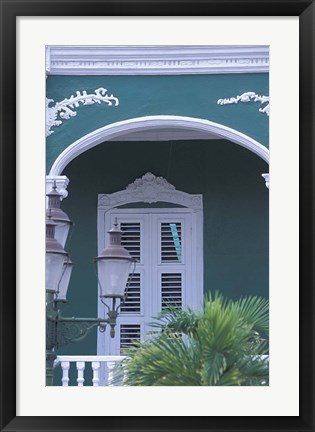 Framed Green Building and Detail, Willemstad, Curacao, Caribbean Print