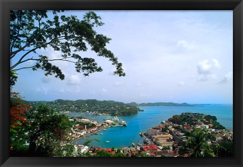 Framed View from Mountain of St Georges, Grenada, Caribbean Print