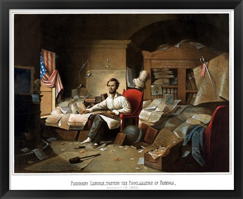 Framed President Lincoln Writing the Emancipation Proclamation Print