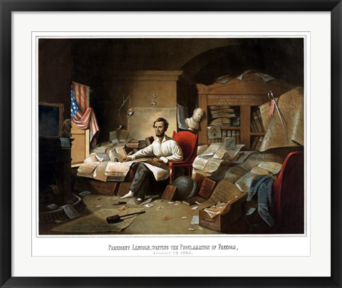 Framed President Lincoln Writing the Emancipation Proclamation Print