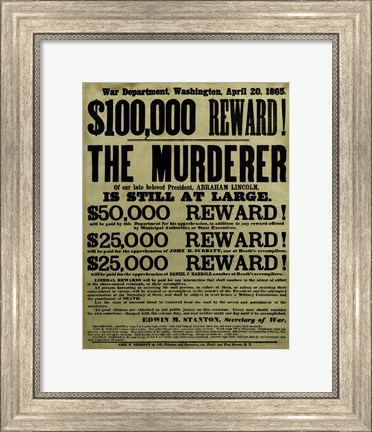 Framed Reward Poster - Murderer of Abraham Lincoln Print
