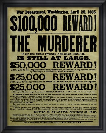 Framed Reward Poster - Murderer of Abraham Lincoln Print