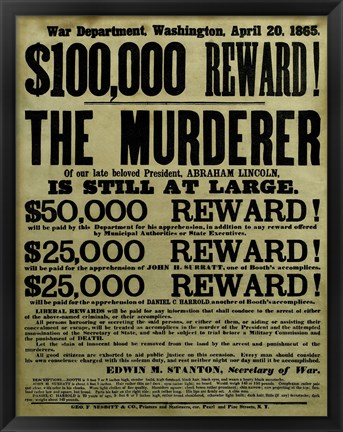 Framed Reward Poster - Murderer of Abraham Lincoln Print