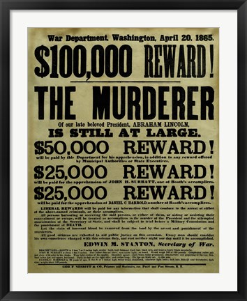 Framed Reward Poster - Murderer of Abraham Lincoln Print