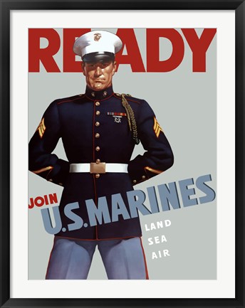 Framed Marine Corps Recruiting Poster from World War II Print