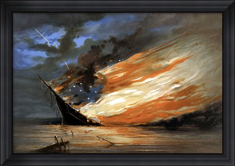 Framed Vintage Civil War painting Warship Burning Print