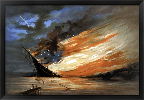 Framed Vintage Civil War painting Warship Burning Print