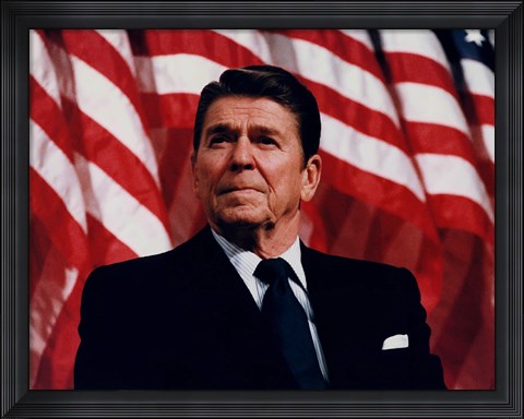 Framed President Ronald Reagan with American Flag Print